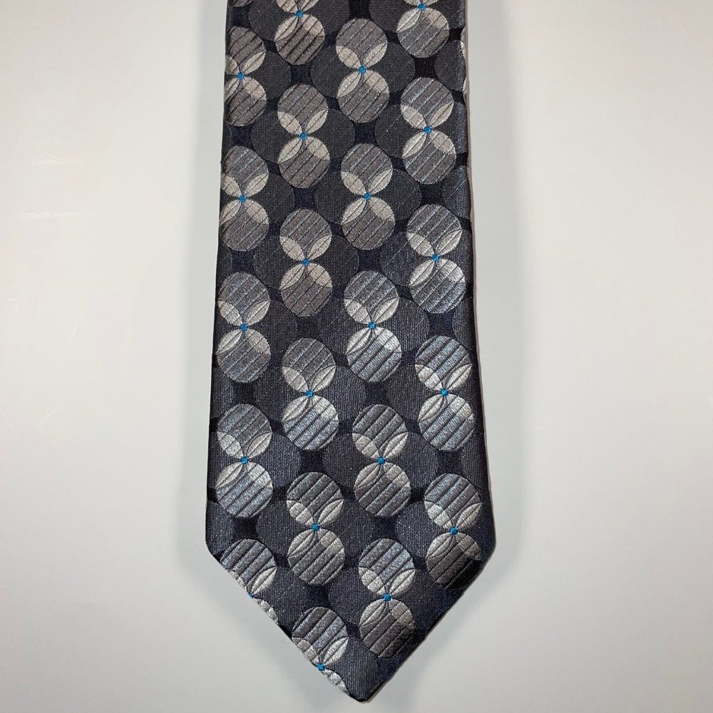 Silk Ted Baker Tie - Charcoal, Grey & Silver Overlapping Circular Pattern - EUC